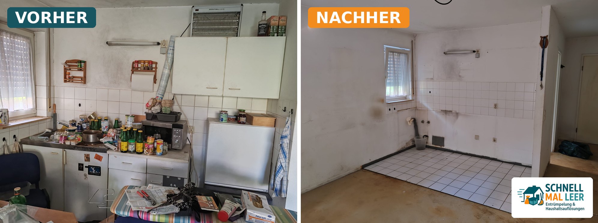 Vorher-Nachher-Vergleich Küche Haushaltsauflösung Eppingen: links die vollgestellte Küche mit Vorräten, Geräten und Möbeln, rechts der leergeräumte Raum nach Demontage der Einbauküche